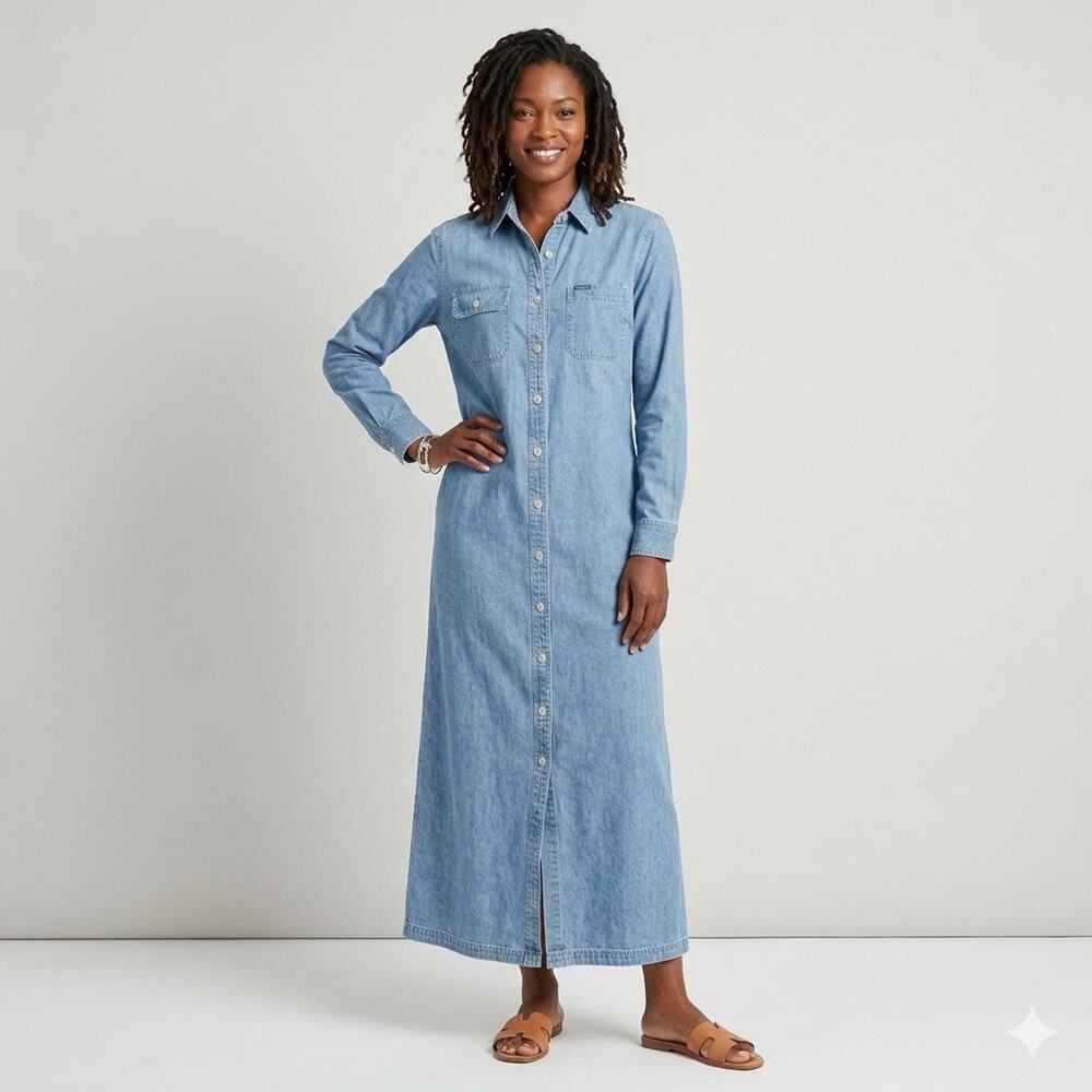 Lauren Ralph Lauren Denim Maxi Shirt Dress Blue Long Sleeve Button Front Size 2X
